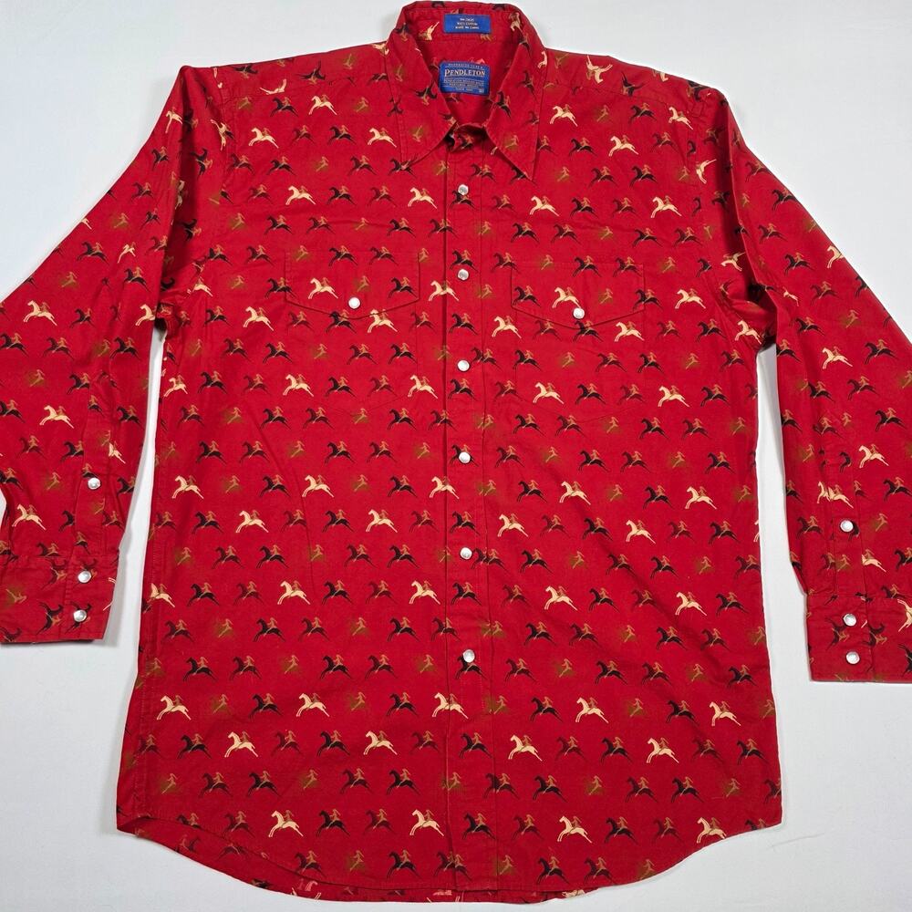 Pendleton Shirt Mens Medium Horse Riding Equestrian Western Pearl Snap Red